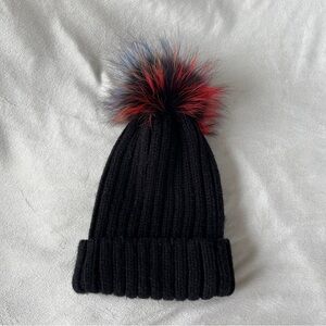 Adrienne Landau Real Fox Fur Pompom Black Beanie Hat Womens